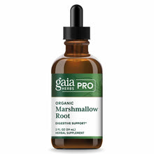 Brown glass dropper bottle of Gaia Herbs Pro Organic Marshmallow Root herbal supplement with black cap and green label.