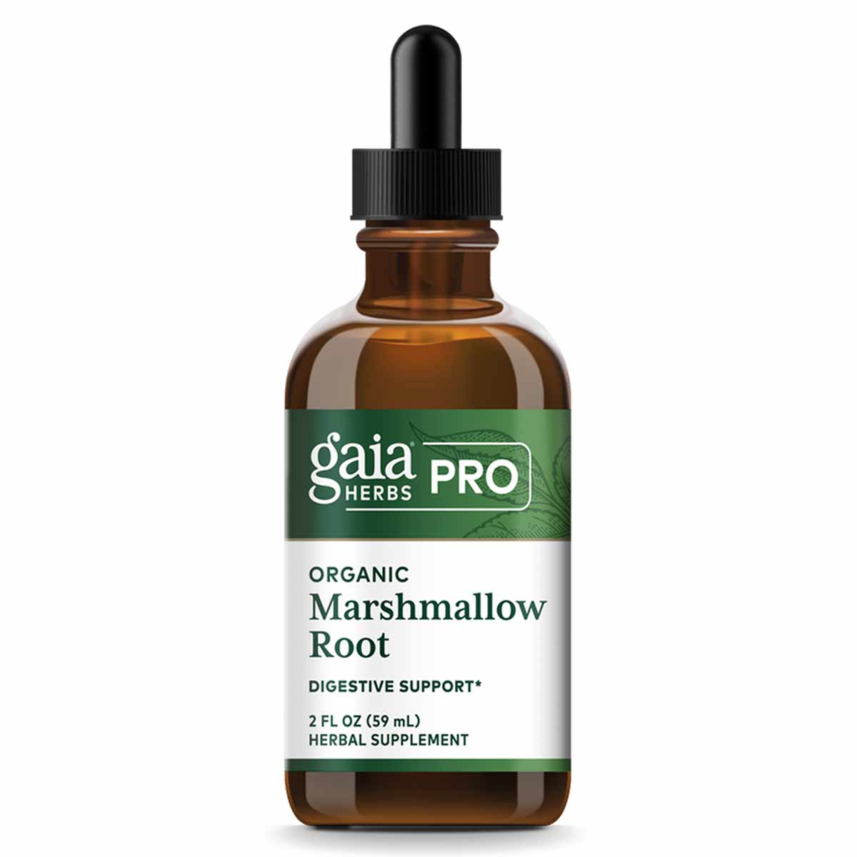 Brown glass dropper bottle of Gaia Herbs Pro Organic Marshmallow Root herbal supplement with black cap and green label.