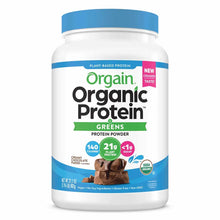 Orgain Organic Protein + Greens powder container with blue lid, creamy chocolate fudge flavor, 21g plant protein per serving.
