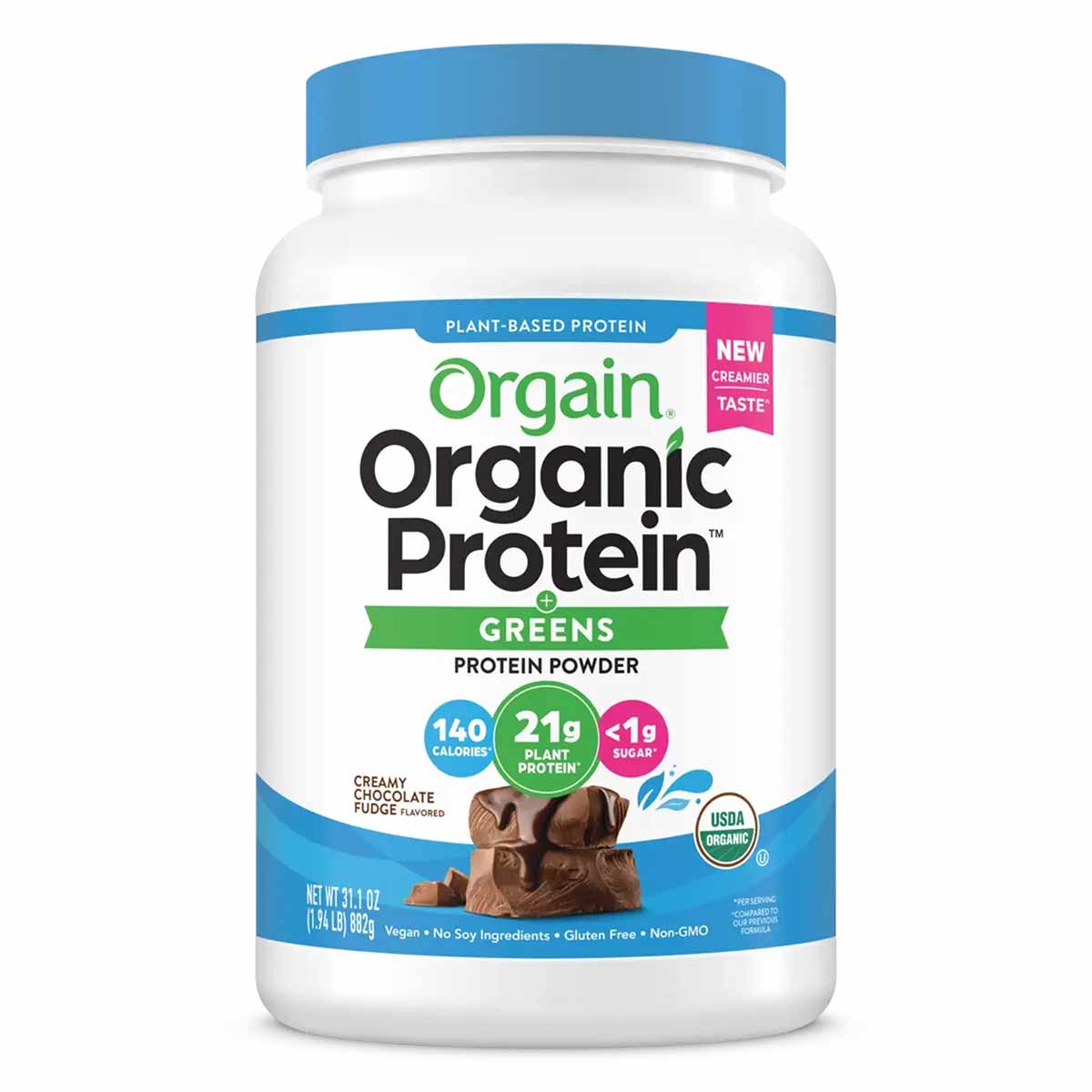 Orgain Organic Protein + Greens powder container with blue lid, creamy chocolate fudge flavor, 21g plant protein per serving.