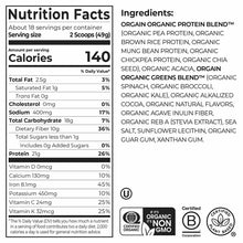 Nutrition Facts label and ingredients list for Orgain Organic Protein + Greens Powder showing 21g protein and 140 calories pe