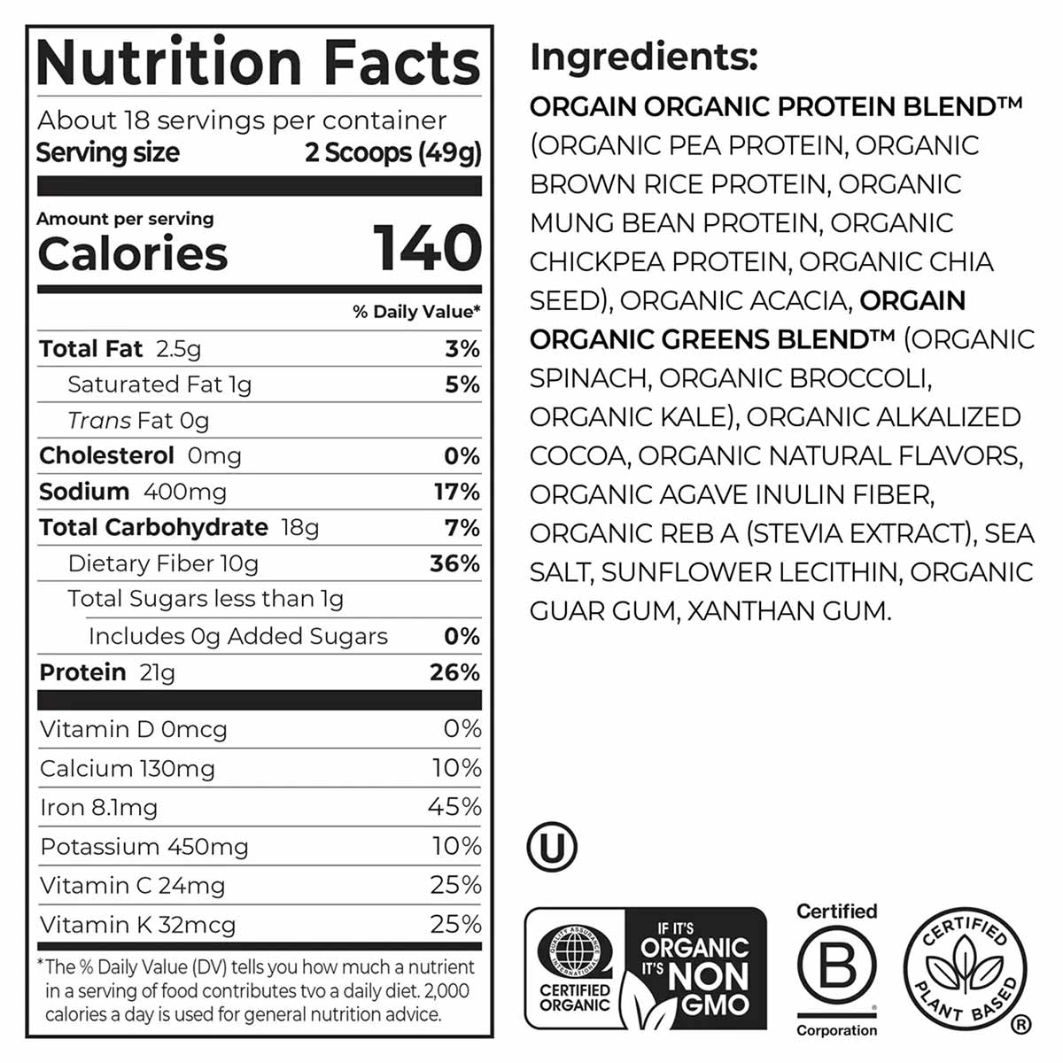 Nutrition Facts label and ingredients list for Orgain Organic Protein + Greens Powder showing 21g protein and 140 calories pe