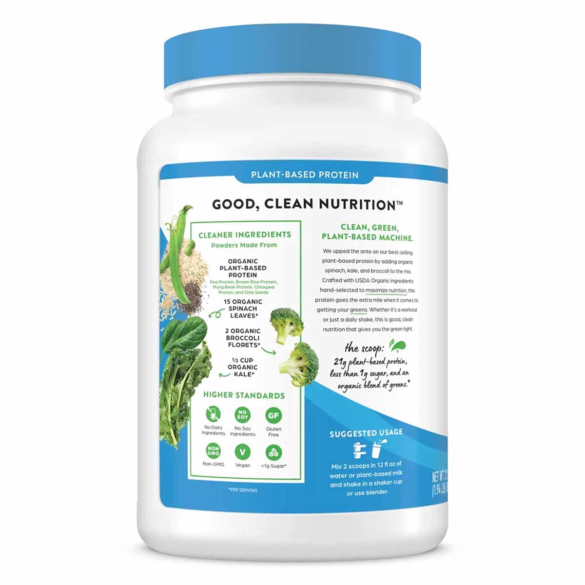 White cylindrical jar with blue cap and label showing plant-based protein powder with spinach, broccoli, and kale ingredients