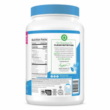 White plastic container with blue cap and label showing nutrition facts, ingredients, and Orgain branding for protein and gre