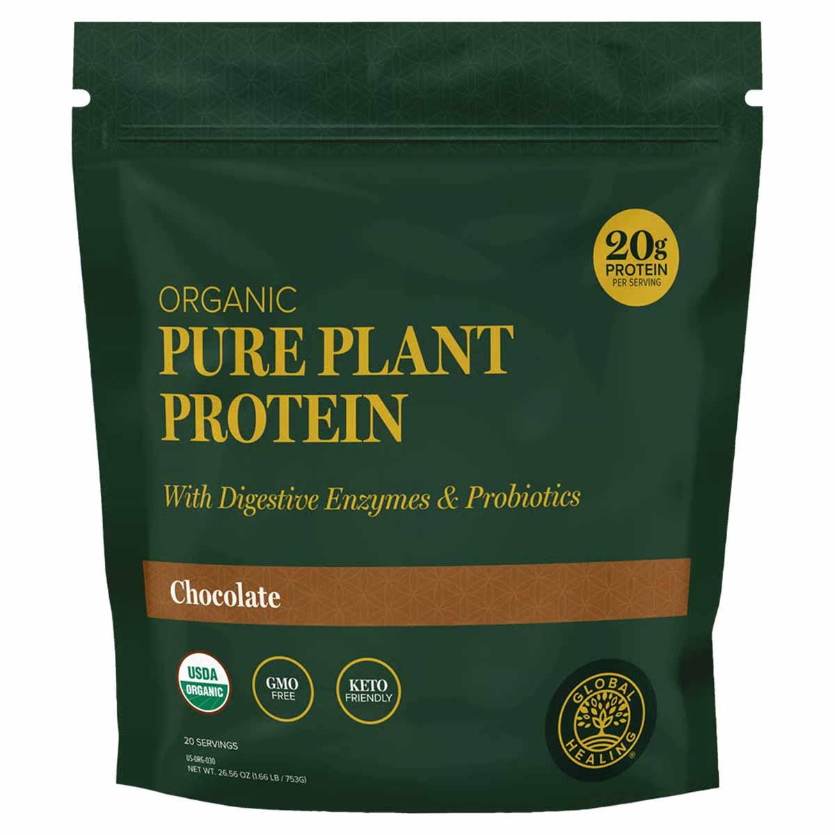 Dark green pouch of organic plant protein powder in chocolate flavor with gold text and certification badges.