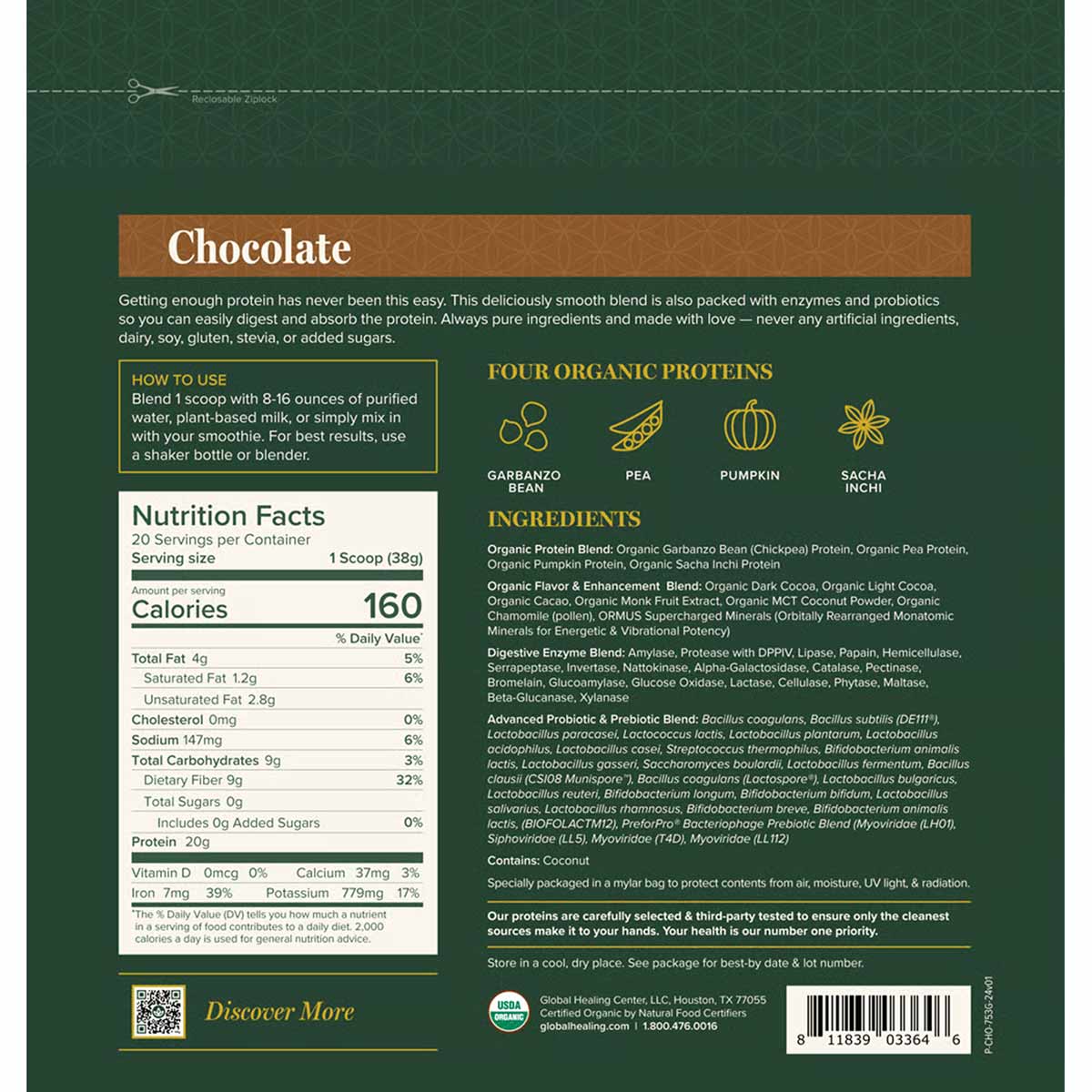 Chocolate-flavored protein powder container label displaying nutrition facts, ingredients list, and four organic protein sour