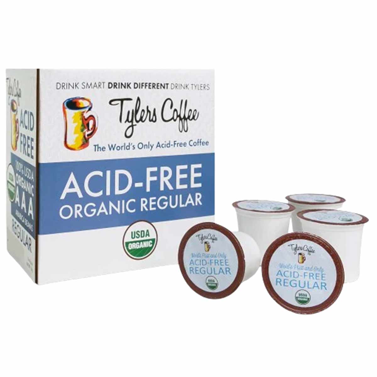 Box of Tylers Coffee acid-free organic regular coffee pods with four individual pods displayed in front.