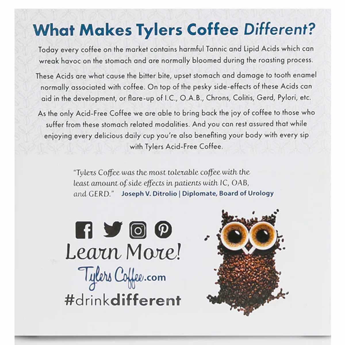 Tylers Coffee informational card with text about acid-free coffee, social media icons, and owl graphic made from coffee beans