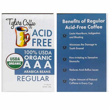 Tylers Coffee acid-free organic regular coffee box showing USDA certified label and benefits information on back panel.