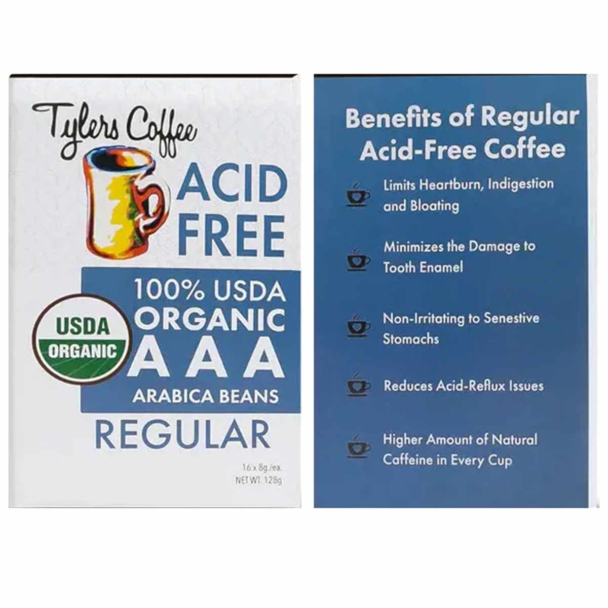Tylers Coffee acid-free organic regular coffee box showing USDA certified label and benefits information on back panel.