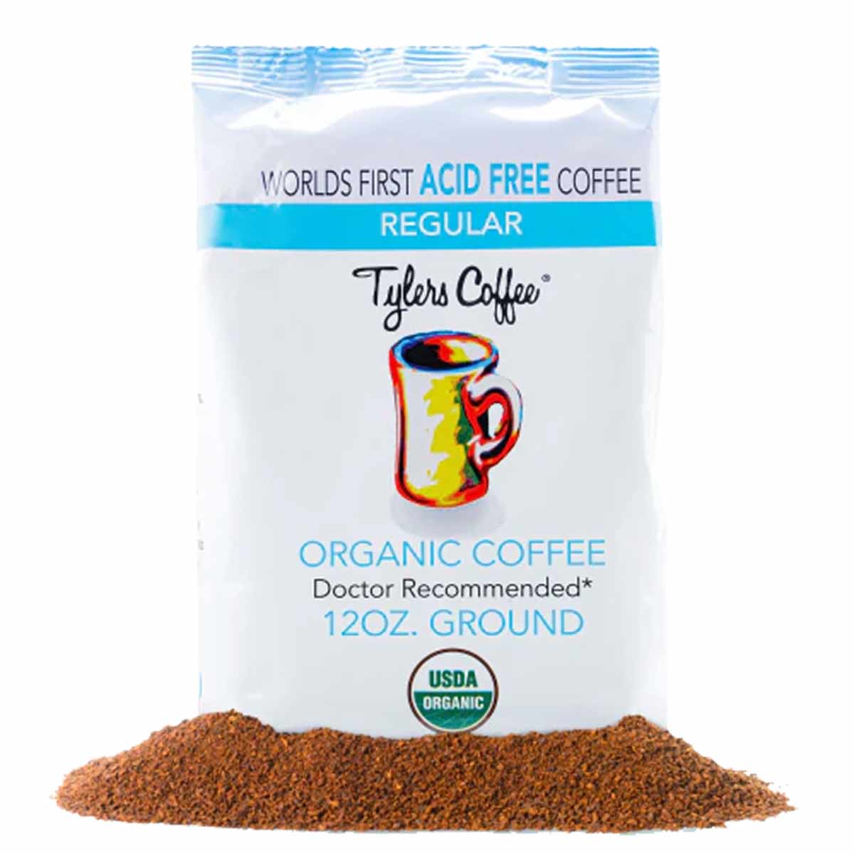 White 12oz Tylers Coffee bag labeled "Acid Free Regular" with USDA Organic seal, displayed with ground coffee in front.