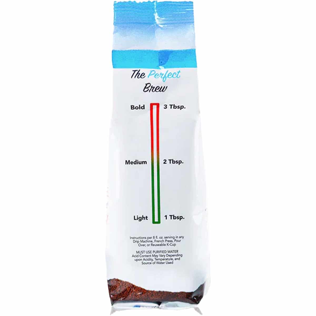 Tylers Coffee 12 oz bag of organic ground coffee with blue header and brewing strength guide on white label.