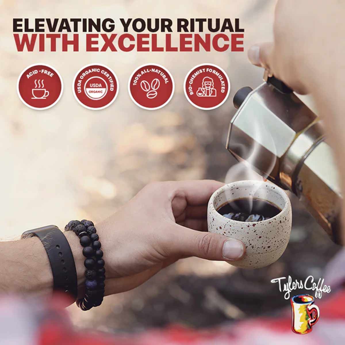 Person pouring ground coffee from metal carafe into speckled ceramic mug outdoors.