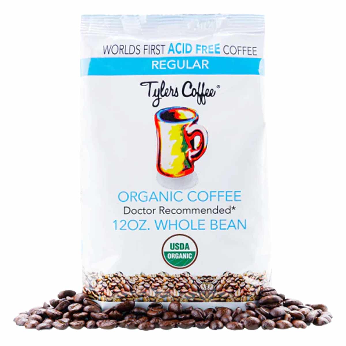 Tylers Coffee 12 oz bag of organic whole bean coffee with USDA organic seal and whole beans displayed in front.