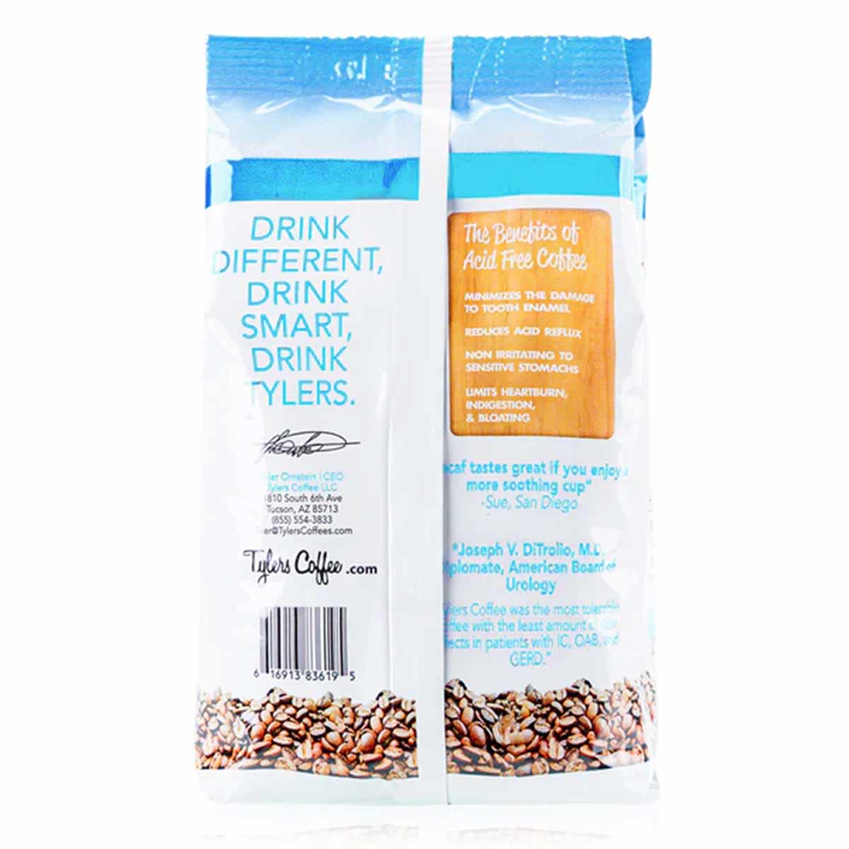 Tylers Coffee 12 oz bag of organic whole bean coffee with blue and white packaging showing roasted beans at bottom.