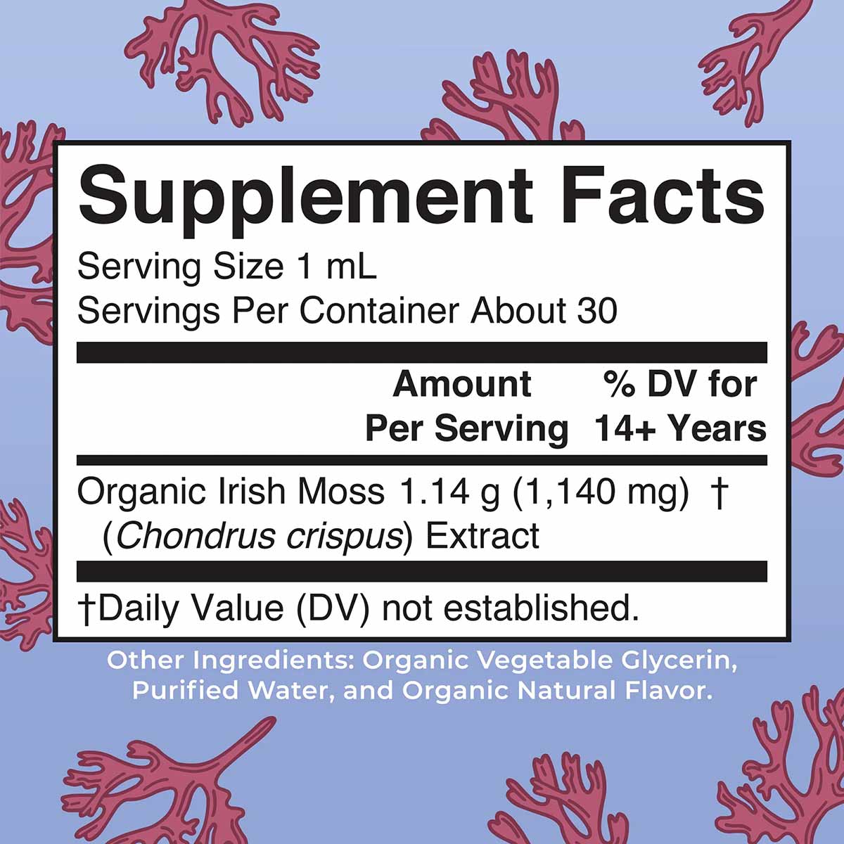 Supplement Facts label showing serving size 1 mL with organic Irish moss extract as main ingredient on purple background with