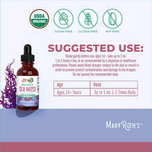 Dark red liquid dropper bottle of MaryRuth's Organics sea moss with USDA Organic, sugar-free, gluten-free, and nut-free certi