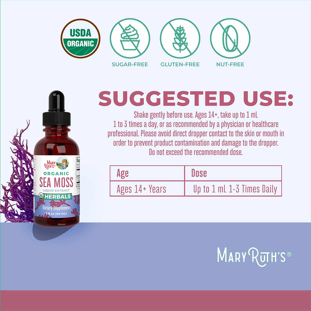 Dark red liquid dropper bottle of MaryRuth's Organics sea moss with USDA Organic, sugar-free, gluten-free, and nut-free certi