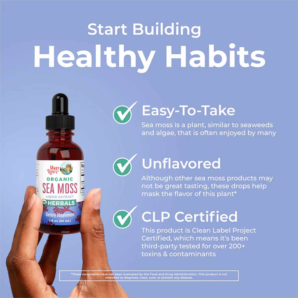 Dark red liquid drops bottle with black dropper cap held in hand against blue background with text overlay.
