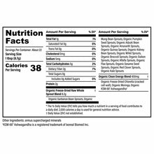 Nutrition Facts label for Organic Super Greens powder showing 38 calories per serving with organic sprout blend and clean ene
