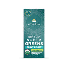 Teal box of Ancient Nutrition Organic Super Greens Bloat Relief stick packs with Citrus Apple flavor and USDA Organic seal.