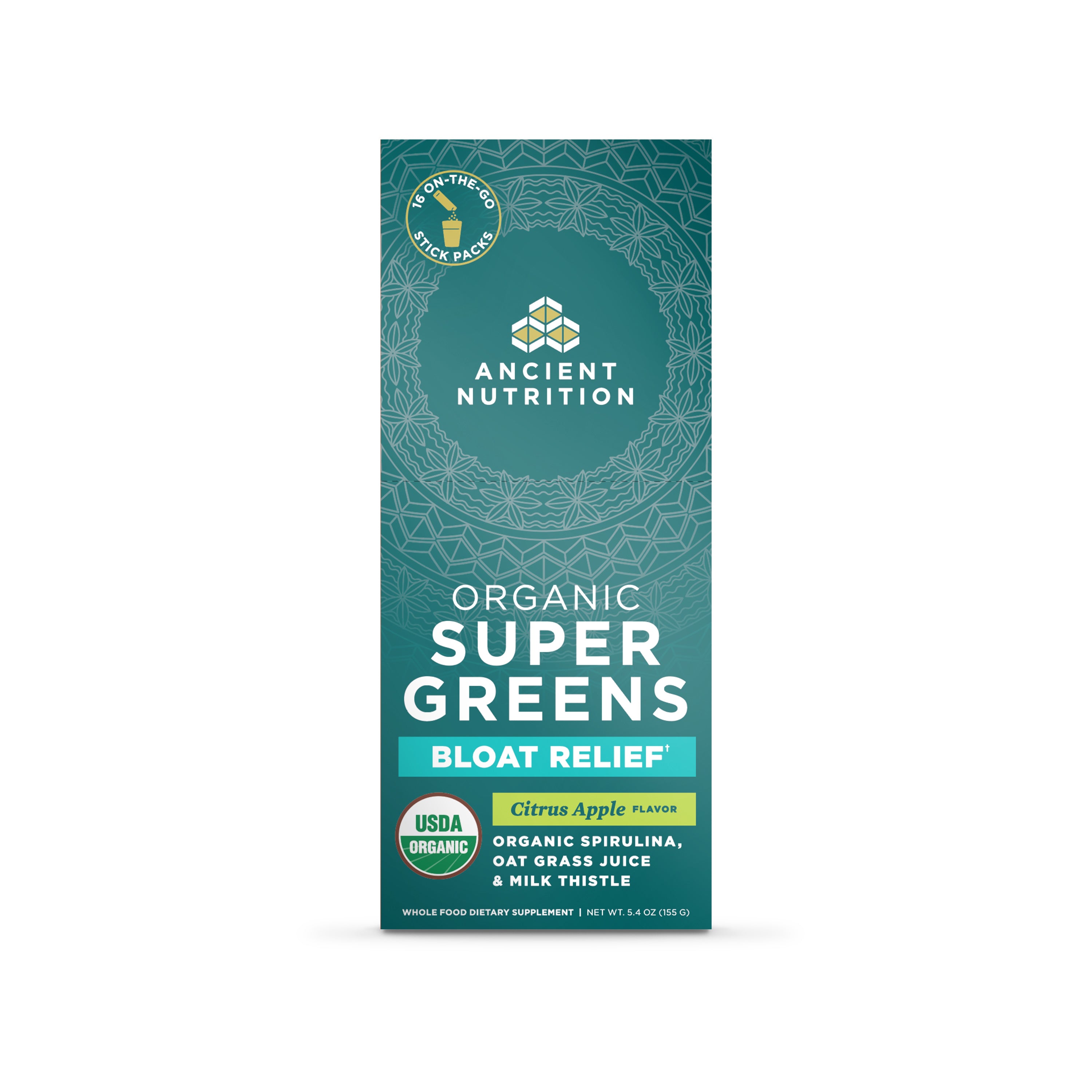 Teal box of Ancient Nutrition Organic Super Greens Bloat Relief stick packs with Citrus Apple flavor and USDA Organic seal.