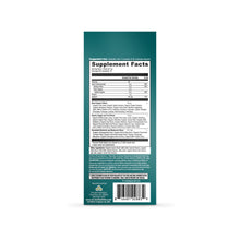 Teal product box back panel showing supplement facts label with ingredient list and barcode for Ancient Nutrition greens stic