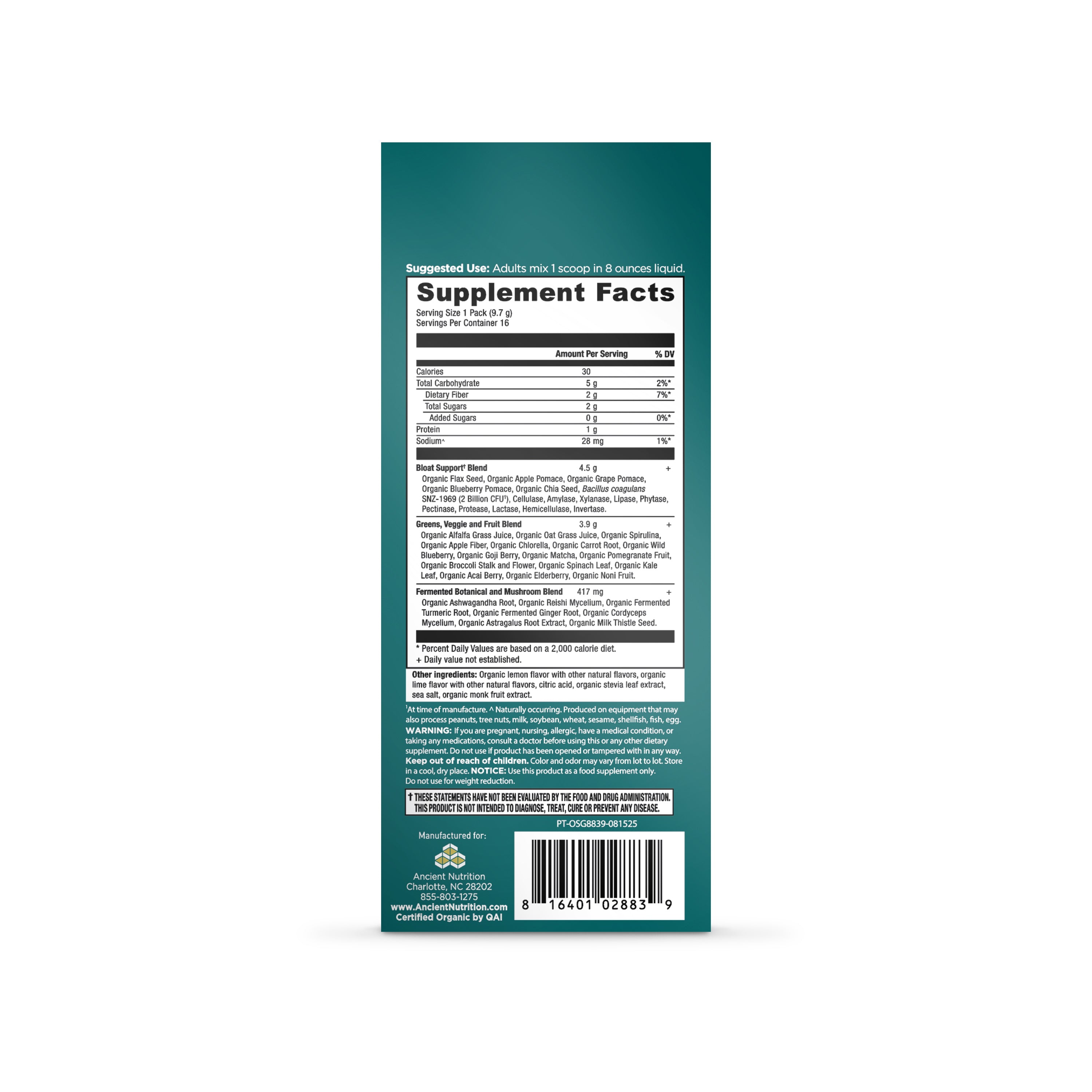 Teal product box back panel showing supplement facts label with ingredient list and barcode for Ancient Nutrition greens stic