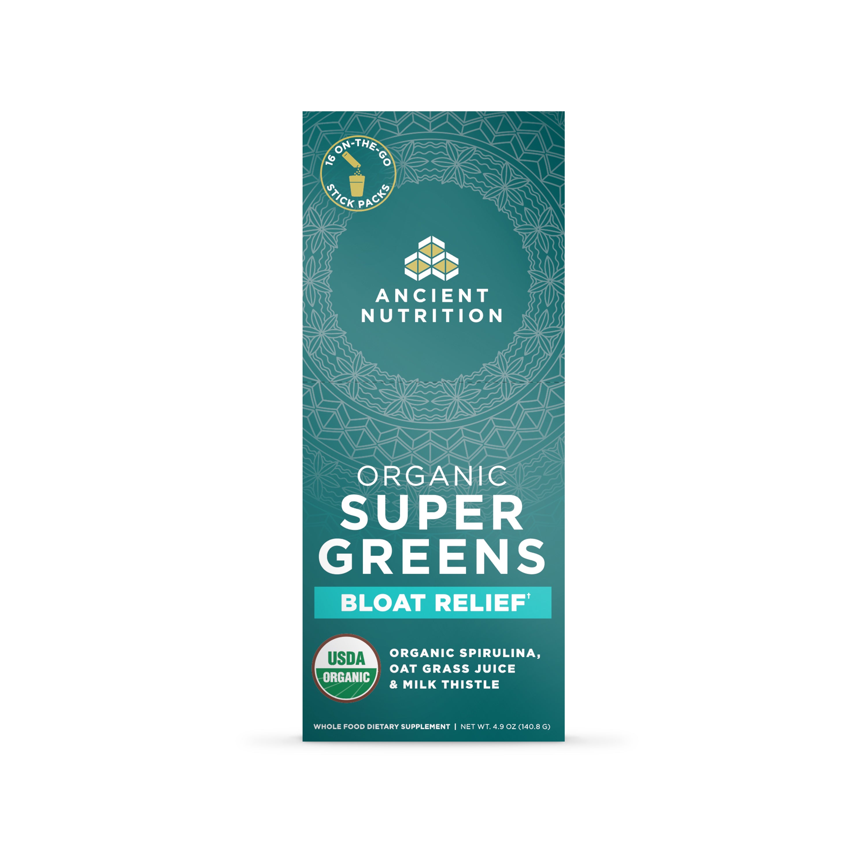 Teal box of Ancient Nutrition Organic Super Greens Bloat Relief stick packs with USDA Organic seal.