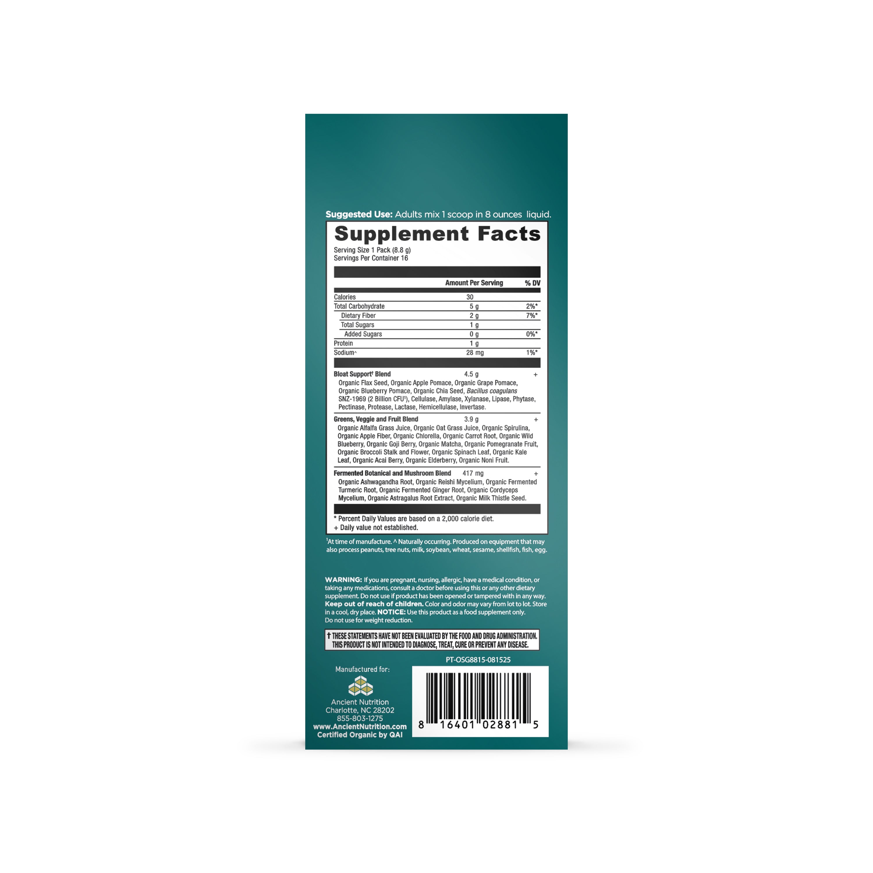 Back panel of teal supplement box displaying nutrition facts, ingredient lists, and barcode for organic greens stick packs.