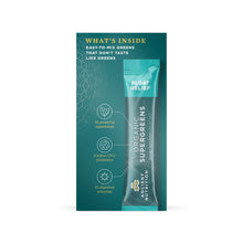 Box displaying teal stick pack labeled "Bloat Relief" with product information and ingredient icons on dark teal background.