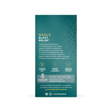 Teal box packaging for Daily Bloat Relief stick packs with gold text, product benefits icons, and R.A.N.C.H. Project logo.