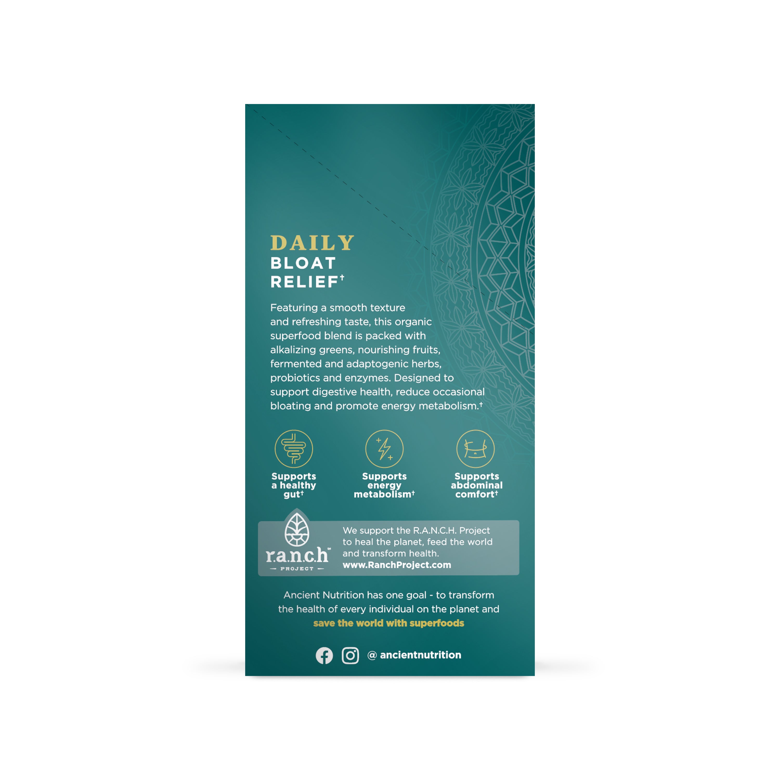 Teal box packaging for Daily Bloat Relief stick packs with gold text, product benefits icons, and R.A.N.C.H. Project logo.