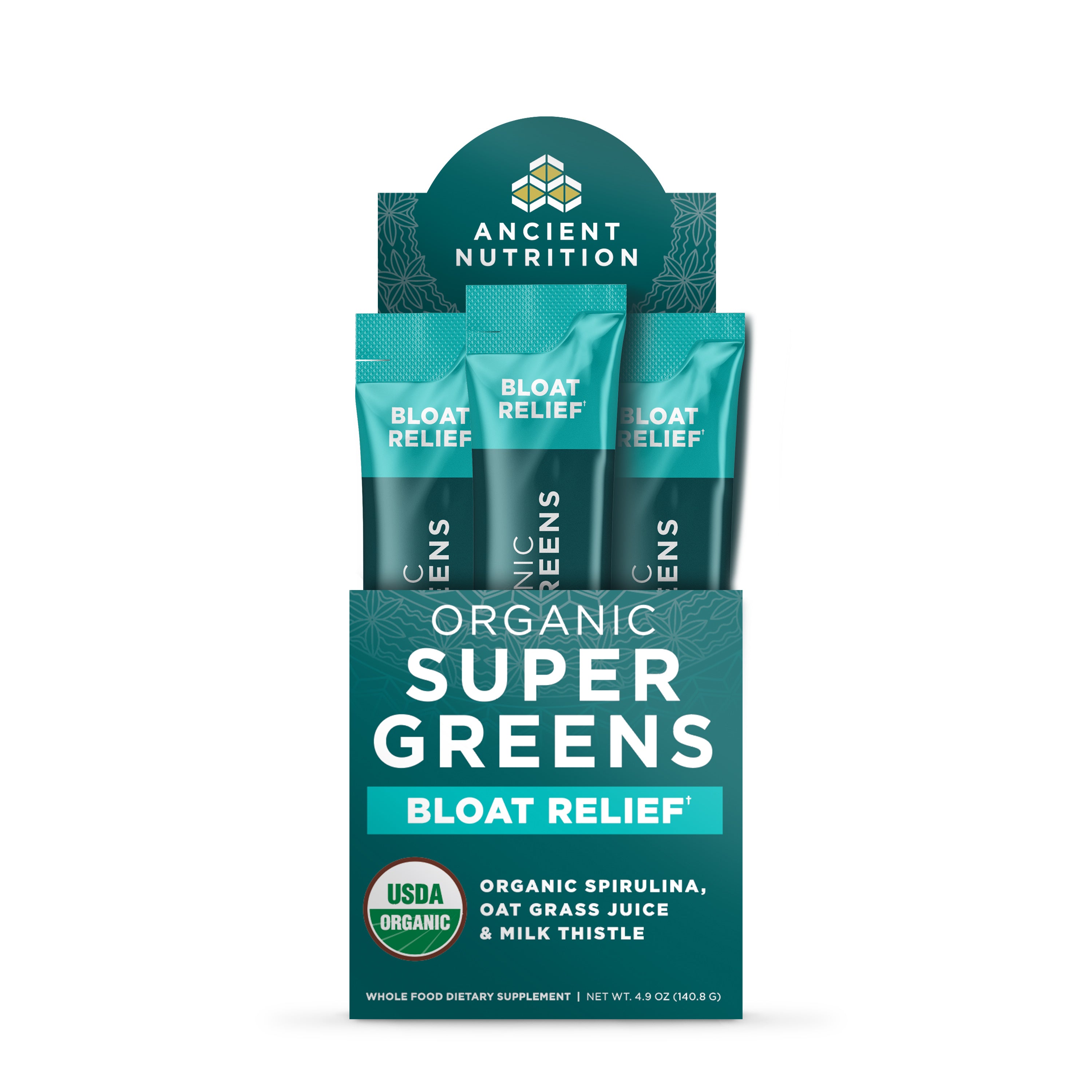 Box of Ancient Nutrition Organic Super Greens Bloat Relief stick packs with teal and dark green packaging displaying product 