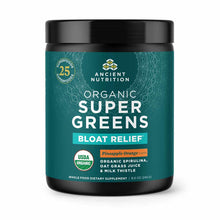 Black and teal jar of Ancient Nutrition Organic Super Greens Bloat Relief powder in pineapple orange flavor, 9.6 oz.