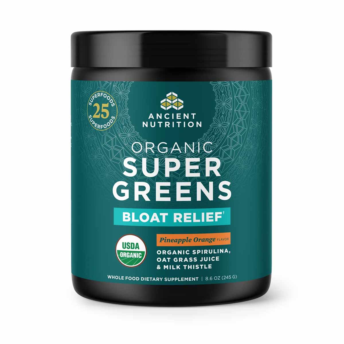 Black and teal jar of Ancient Nutrition Organic Super Greens Bloat Relief powder in pineapple orange flavor, 9.6 oz.