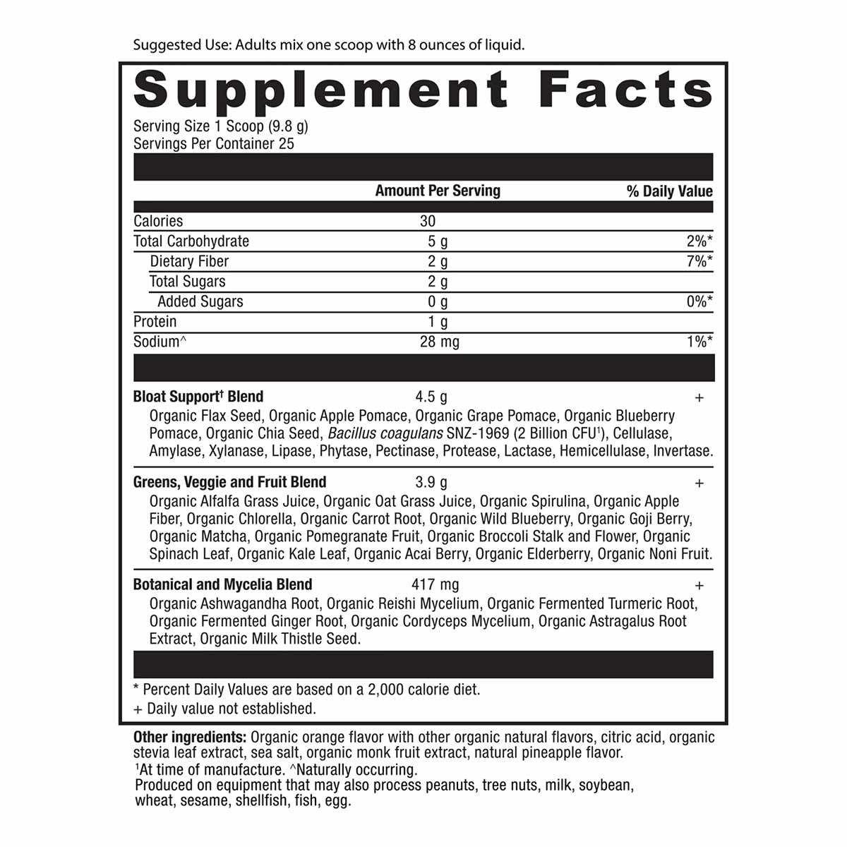 Supplement Facts label for Ancient Nutrition SuperGreens + Bloat Relief powder showing serving size, nutritional information,