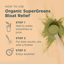 Green powder with measuring scoop on beige background, showing usage instructions for mixing with liquids.