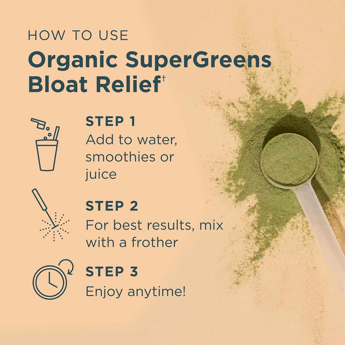 Green powder with measuring scoop on beige background, showing usage instructions for mixing with liquids.