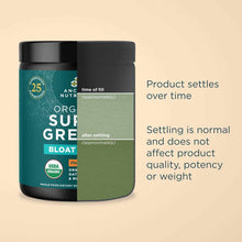 Black container with teal label showing "Organic SuperGreens + Bloat" text and USDA Organic seal, displayed at two fill level