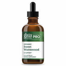 Brown glass dropper bottle of Gaia Herbs Pro Organic Sweet Wormwood herbal supplement with green and white label.