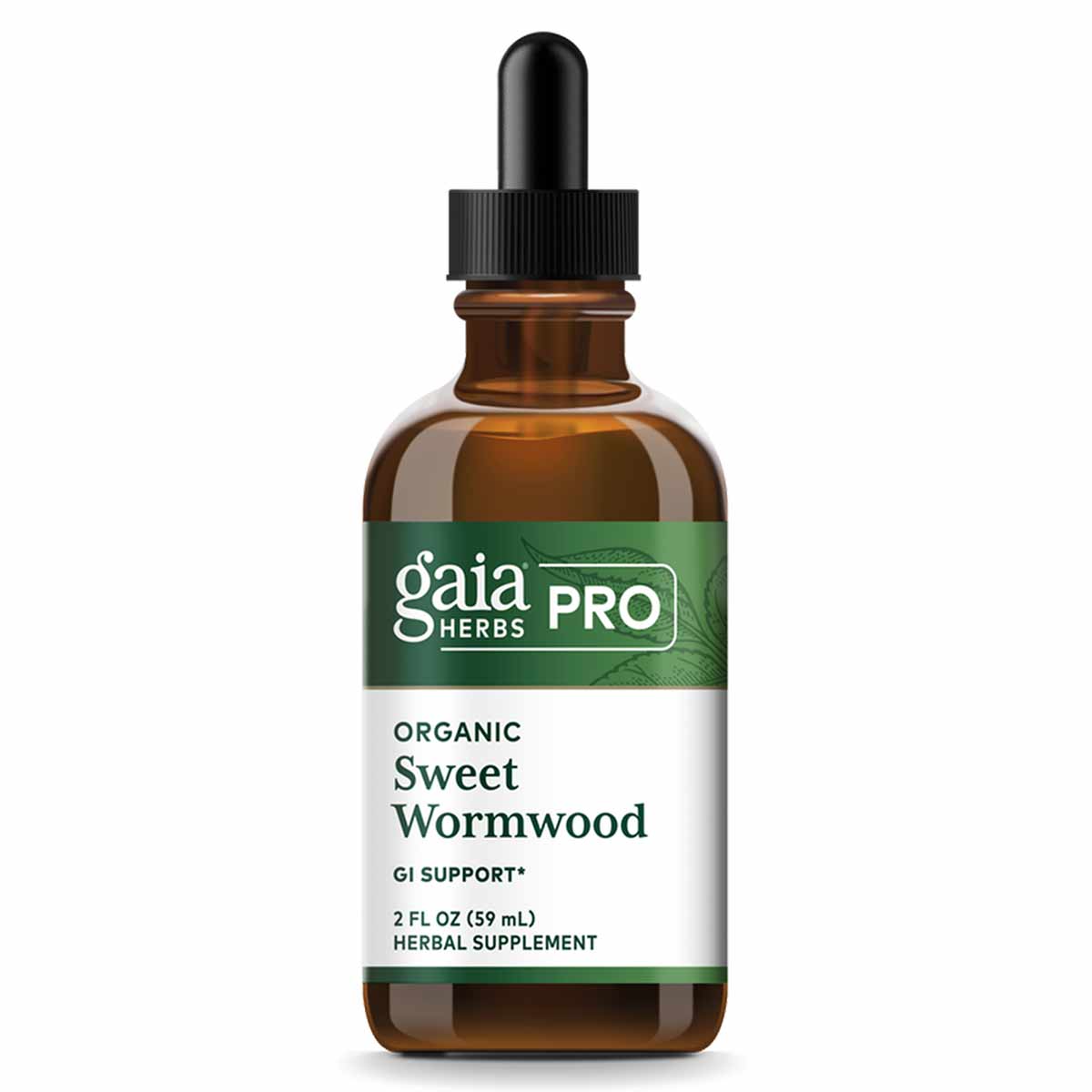 Brown glass dropper bottle of Gaia Herbs Pro Organic Sweet Wormwood herbal supplement with green and white label.