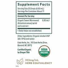 Supplement Facts label for organic sweet wormwood liquid extract showing serving size, ingredients, and USDA organic certific