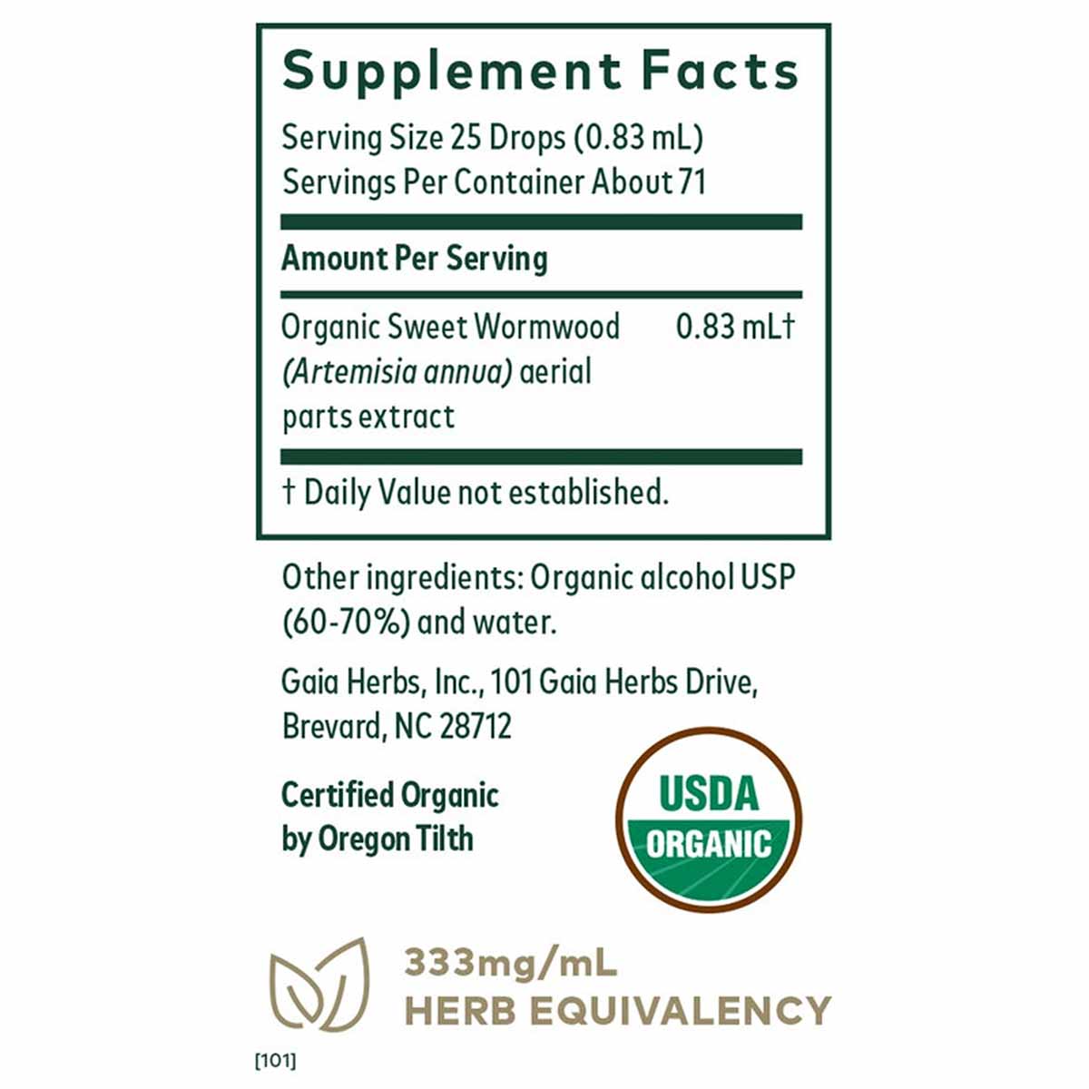Supplement Facts label for organic sweet wormwood liquid extract showing serving size, ingredients, and USDA organic certific