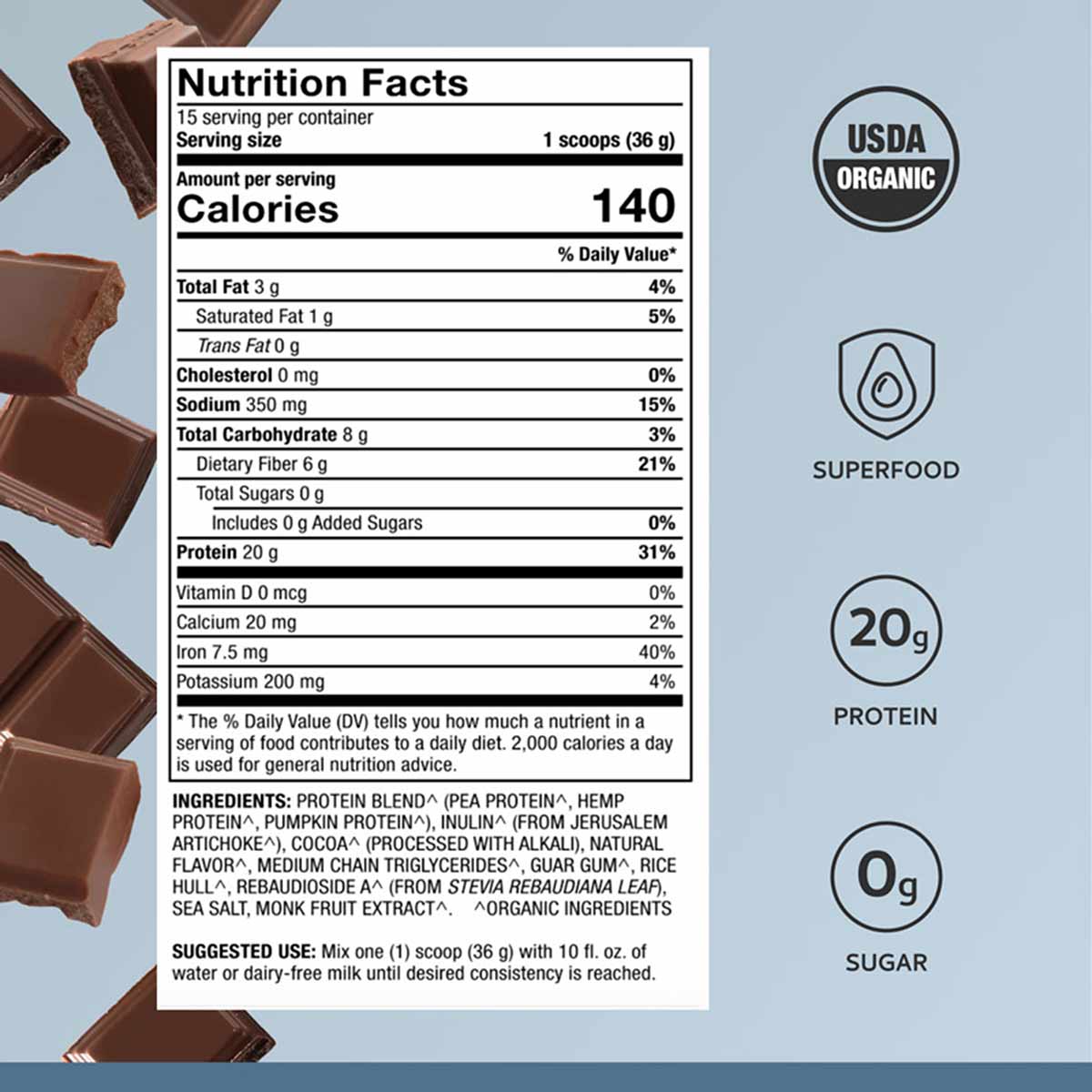 Nutrition Facts label for organic vegan protein powder with chocolate pieces, showing 20g protein and 0g sugar per serving.