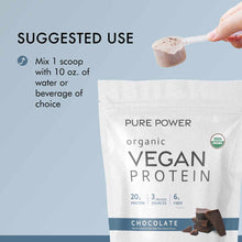 White pouch of Pure Power organic vegan protein powder in chocolate flavor with measuring scoop held above it.
