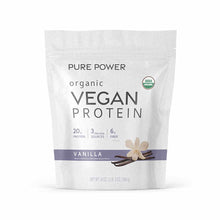 White pouch of Pure Power Organic Vegan Protein in Vanilla flavor with USDA Organic seal and nutrition details.