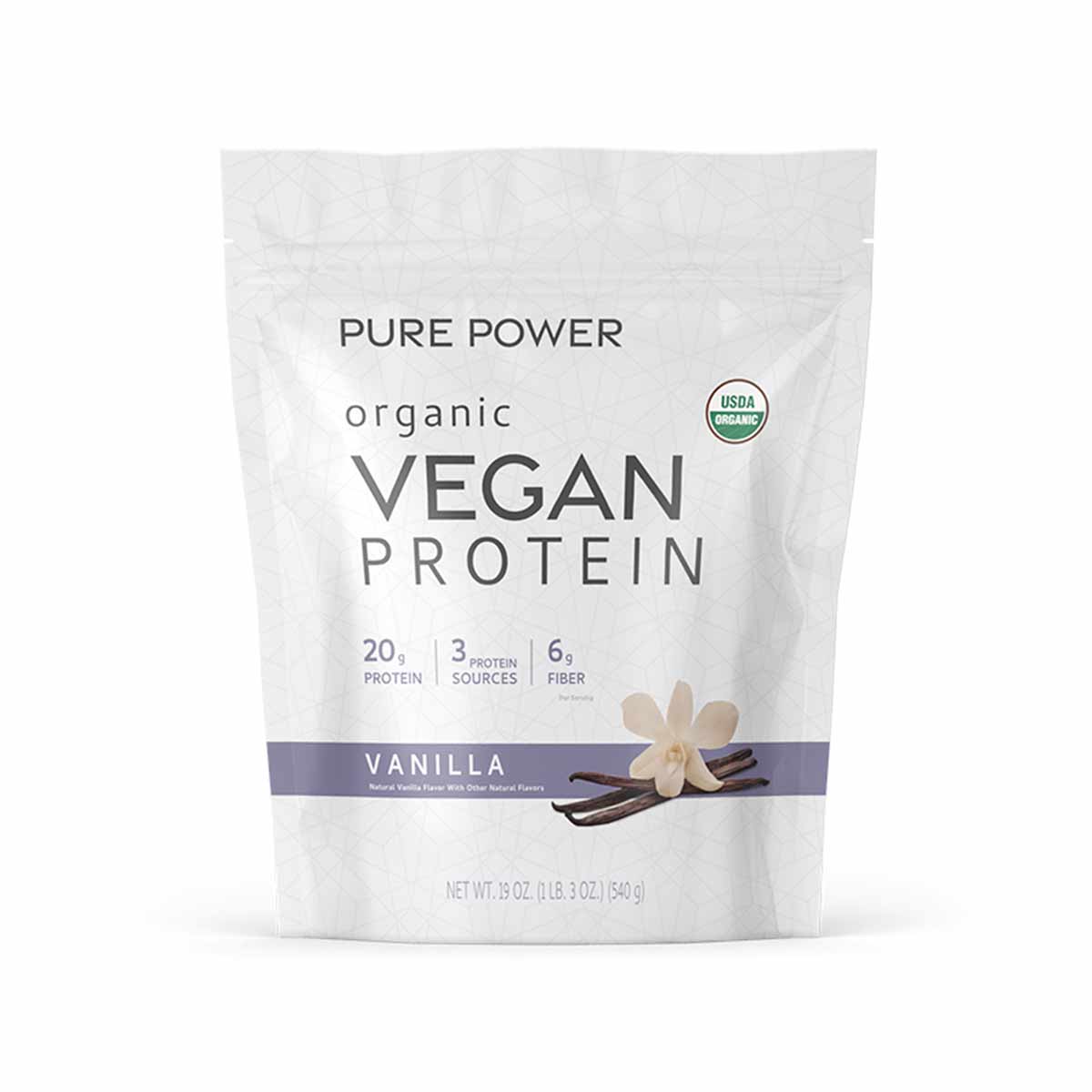 White pouch of Pure Power Organic Vegan Protein in Vanilla flavor with USDA Organic seal and nutrition details.