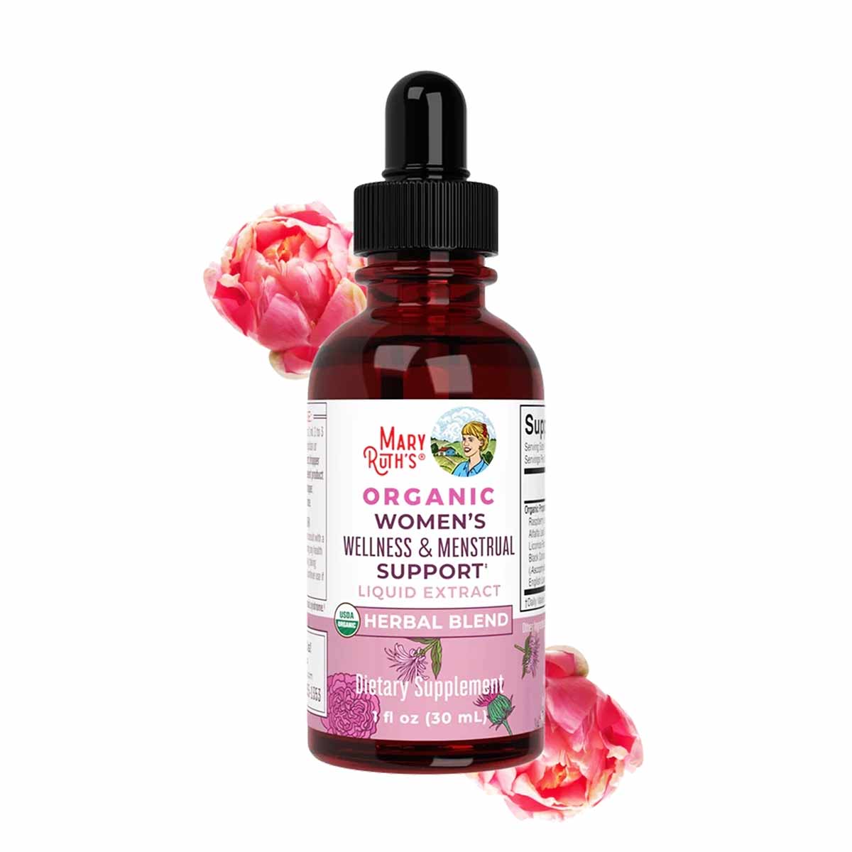 Dark amber glass dropper bottle of MaryRuth's organic women's wellness and menstrual support liquid extract with pink flowers