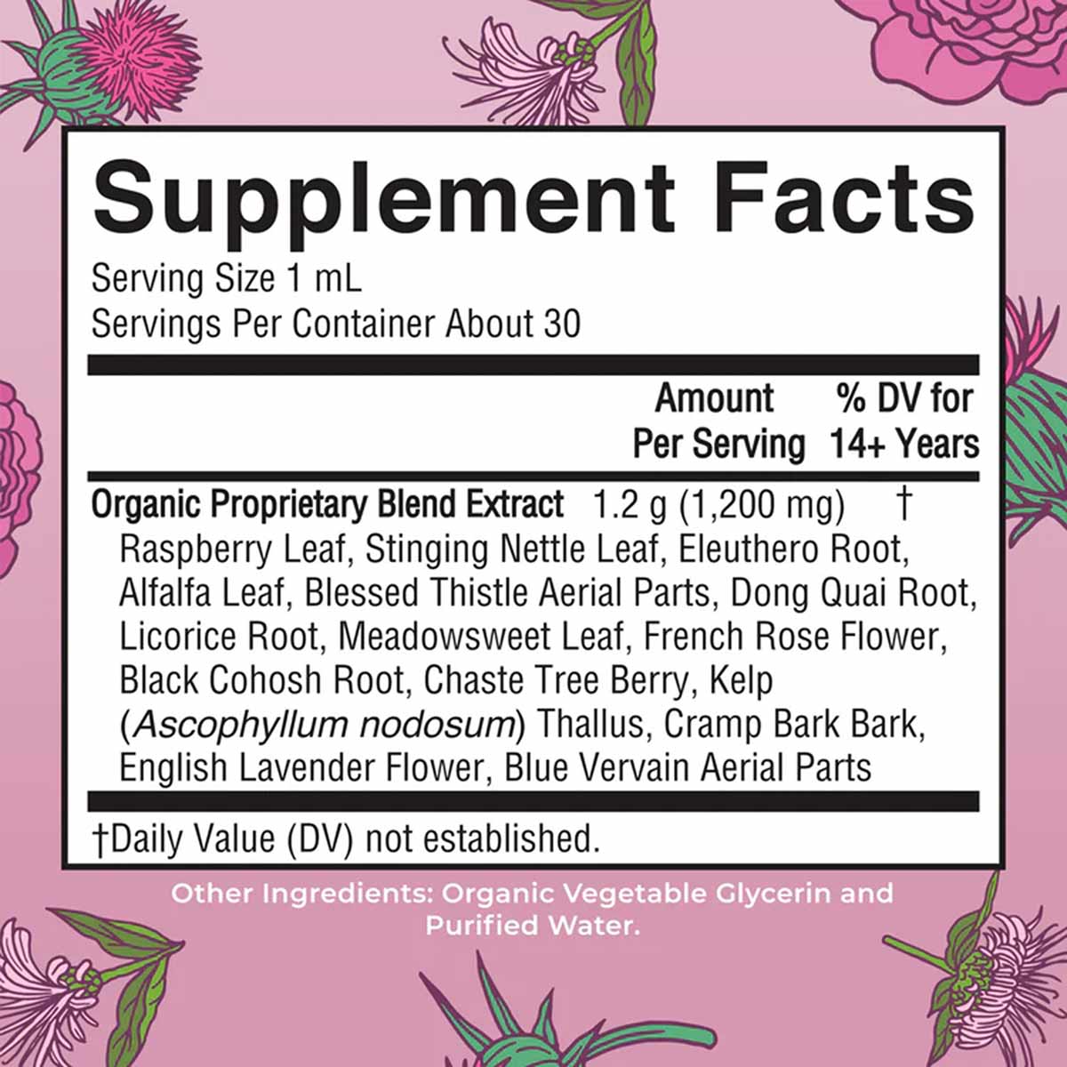 Supplement Facts label for organic herbal blend with raspberry leaf, nettle, thistle, and other botanicals on pink floral bac